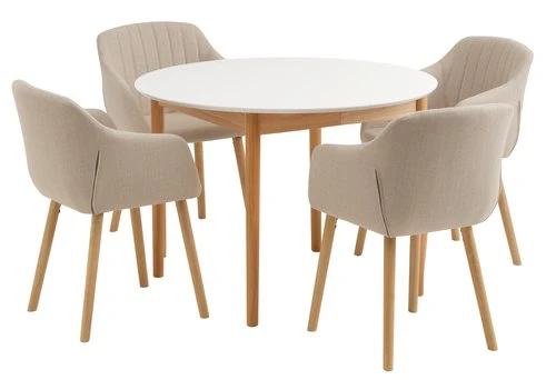 MARSTRAND Ø110 Table Blanc + 4 ADSLEV Chaises Beige 1 MARSTRAND Ø110 Table Blanc + 4 ADSLEV Chaises Beige