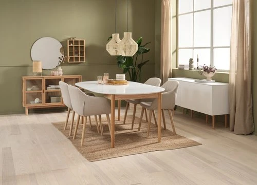 MARSTRAND Ø110 Table Blanc + 4 ADSLEV Chaises Beige 2 MARSTRAND Ø110 Table Blanc + 4 ADSLEV Chaises Beige – Image 2